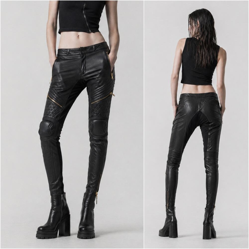 Skingraft Black Leather Moto Pants Quilted Knee Zip Skinny Biker size Medium